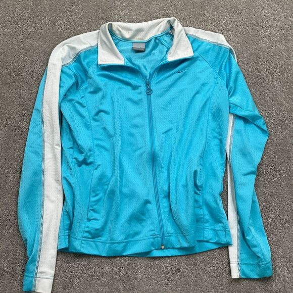 Nike Jacket Women XLarge 16-18 Blue White Stich‎ Stripe Mesh Embroidery Logo Zip - Picture 1 of 8